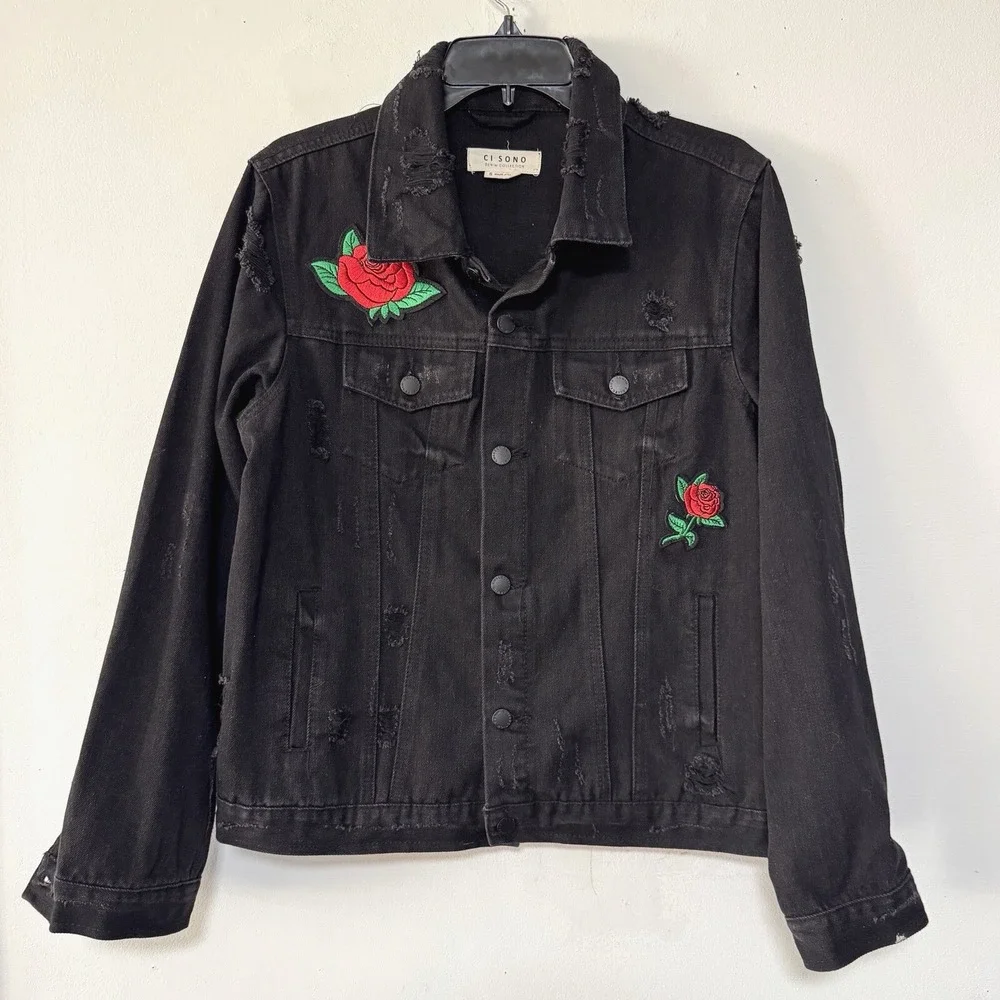 CI SONO Distressed Denim Black Trucker Jean Jacket‎ Embroidered Floral Rose S